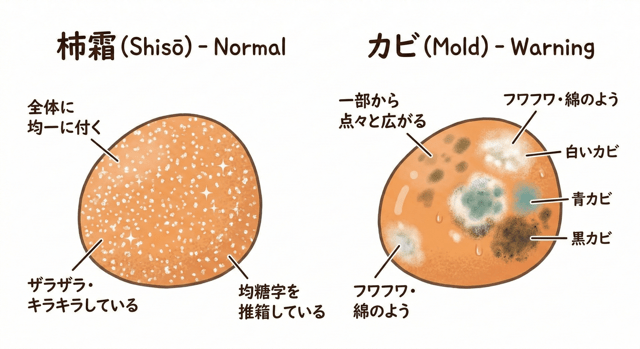 カビか柿霜か一目瞭然！見た目・匂い・手触りの違いを徹底比較