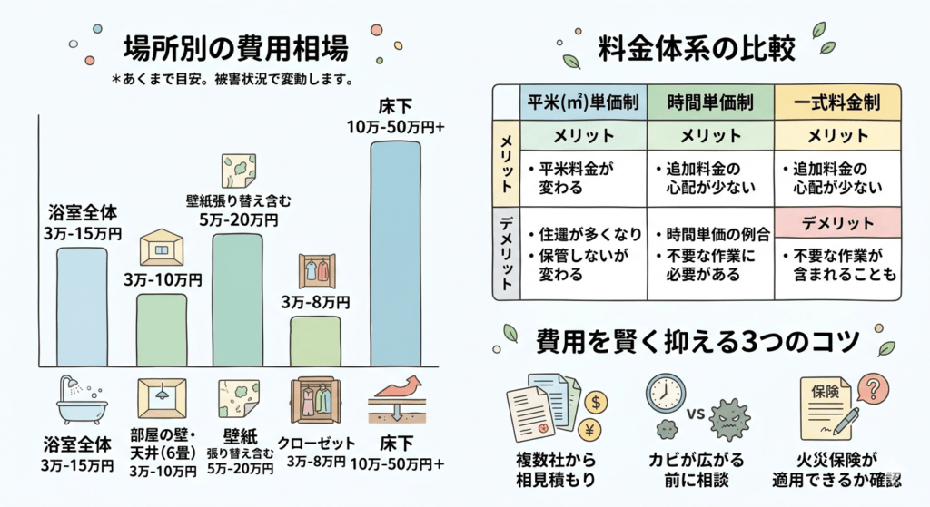 【料金表】カビ取り業者の費用相場はいくら？場所・料金体系別に解説