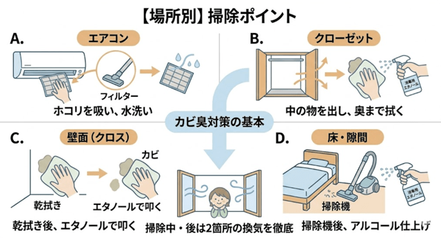 【場所別】カビの臭いを取り除く掃除方法（エアコン・クローゼット・壁）