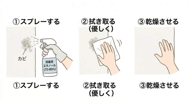 スプレーボトルでカビに直接吹き付け、5〜10分放置した後、乾いたきれいな布で優しく拭き取ります。
