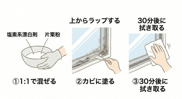 窓のゴムパッキンに根付いた黒カビには、塩素系漂白剤と片栗粉を1:1で混ぜたペーストが効果的