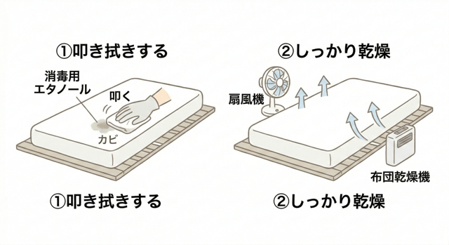 マットレスは水洗いが難しいため、消毒用エタノールを布に含ませて、カビの部分を叩くように拭き取るのが基本