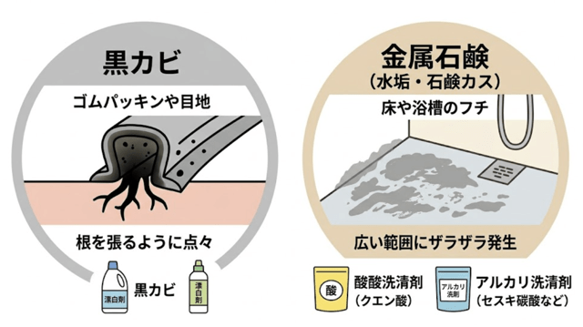 それ本当にカビ？黒カビと水垢・石鹸カスの見分け方