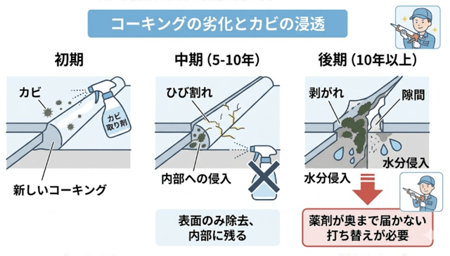 コーキングの劣化とカビの浸透